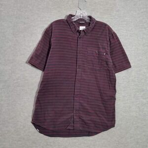 VANS Men Button Up Shirt Large Red Striped Flannel Pocket Short Sleeve Collar